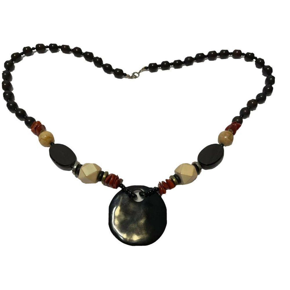 boho beaded chip stone necklace 31” L  Natural Colors Round Bohemian Ring Clasp